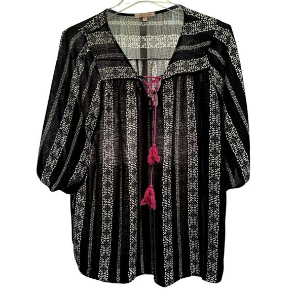 Gibson & Latimer Womens Black & White Print Stripe Blouse Hot Pink Tassel Sz 3X - Picture 1 of 5